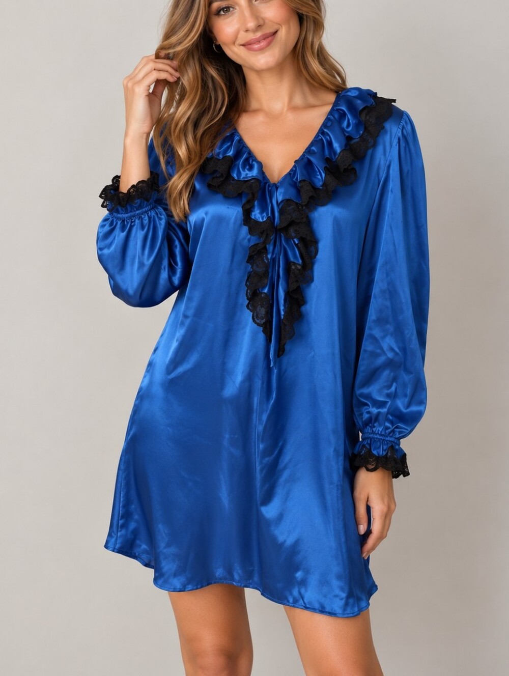 Vtg SABRINA 1980s Blue Satin Black Lace Edwardian Jabot Mini Nightgown